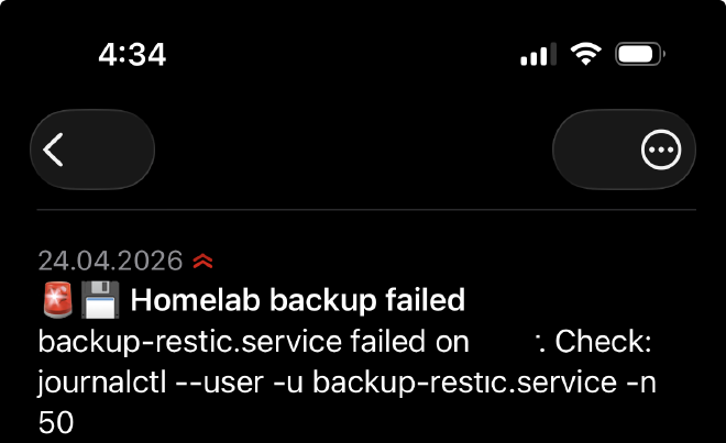 ntfy notification on the phone showing a homelab backup failure
