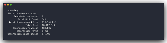 restic stats raw-data mode showing 6.29x compression ratio and 84% space saving