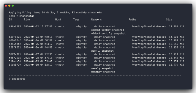 restic forget dry-run applying the 14 daily, 8 weekly, 12 monthly retention policy